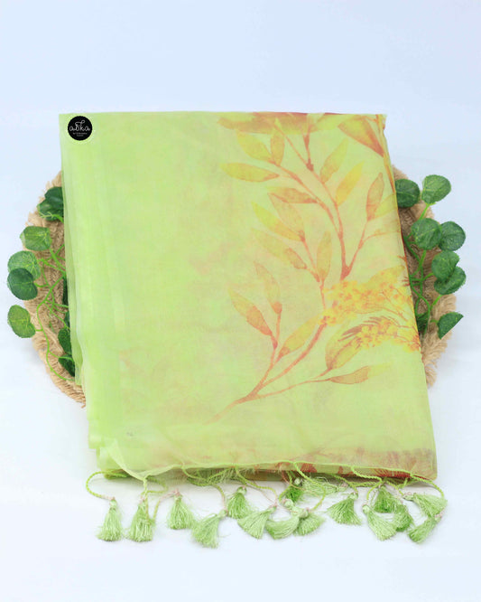 Lemon Green Organza Saree with Floral Prints – Lightweight Elegant Drape