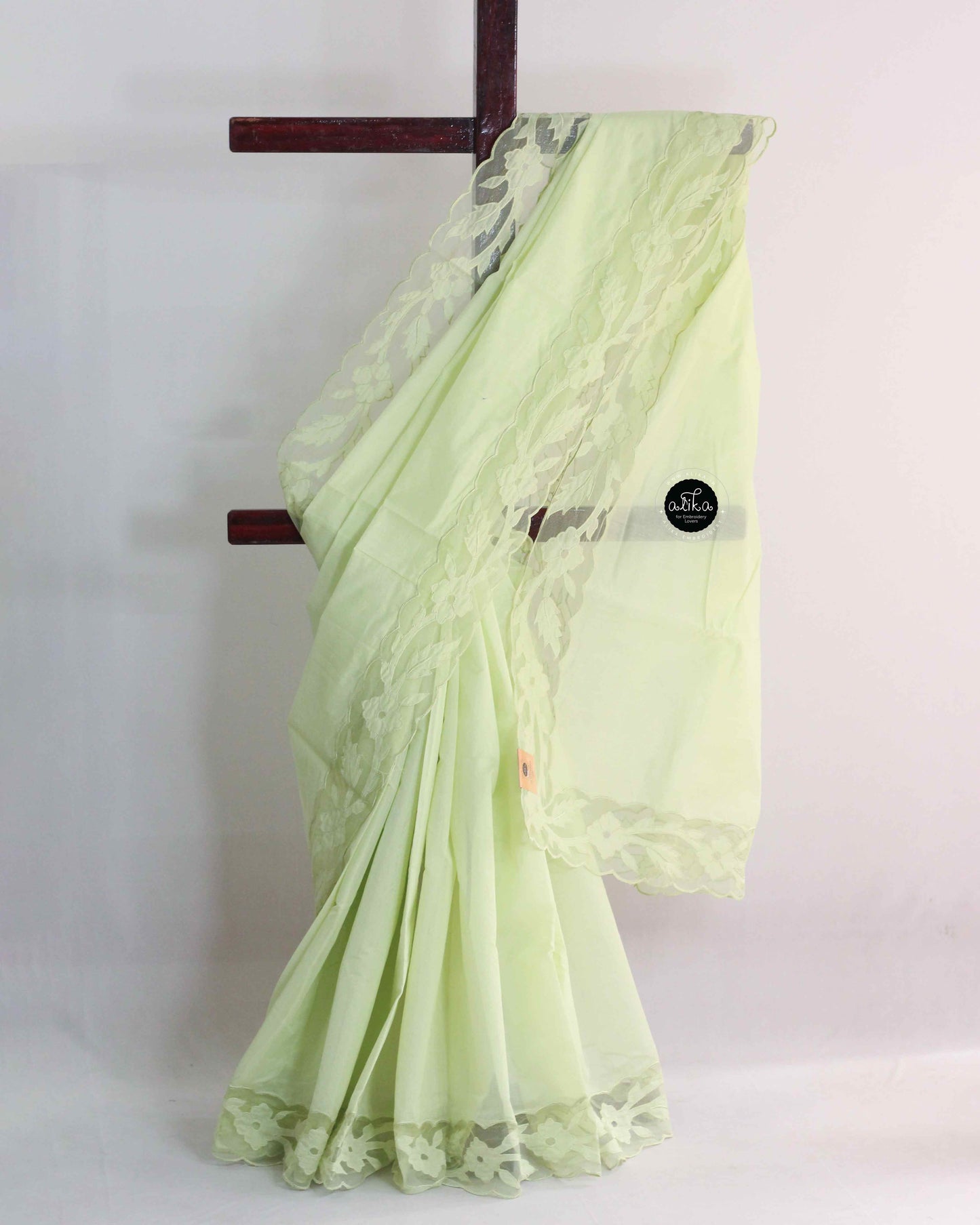 Pastel Green Chanderi Saree with Appliqué Net Border – Alika Fashion Store