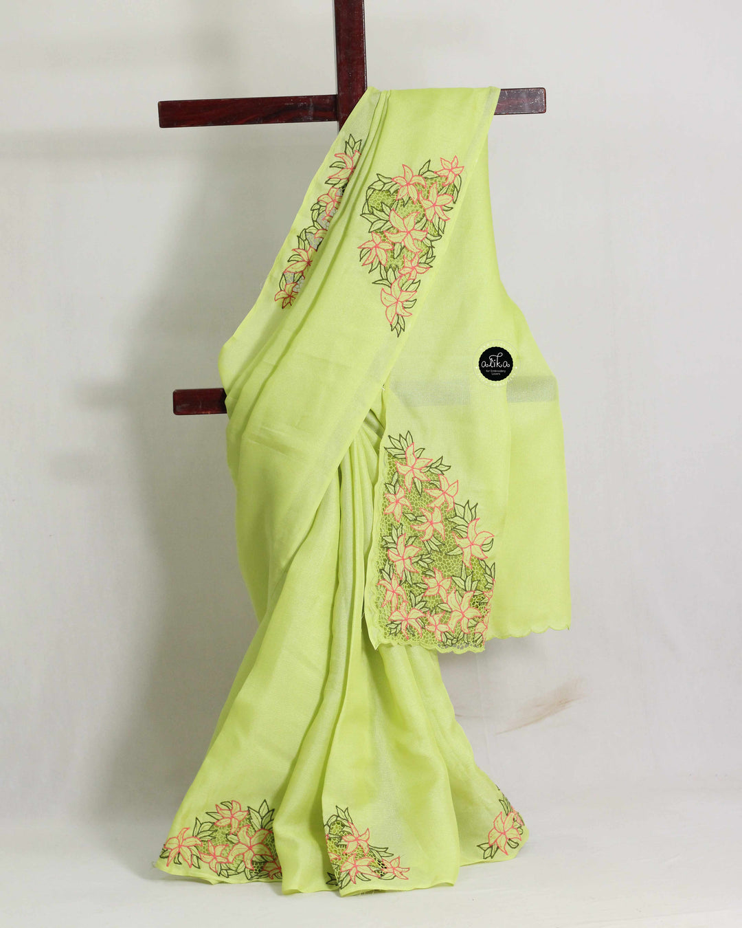 Lime Green Jute Saree with Floral Twine Cutwork