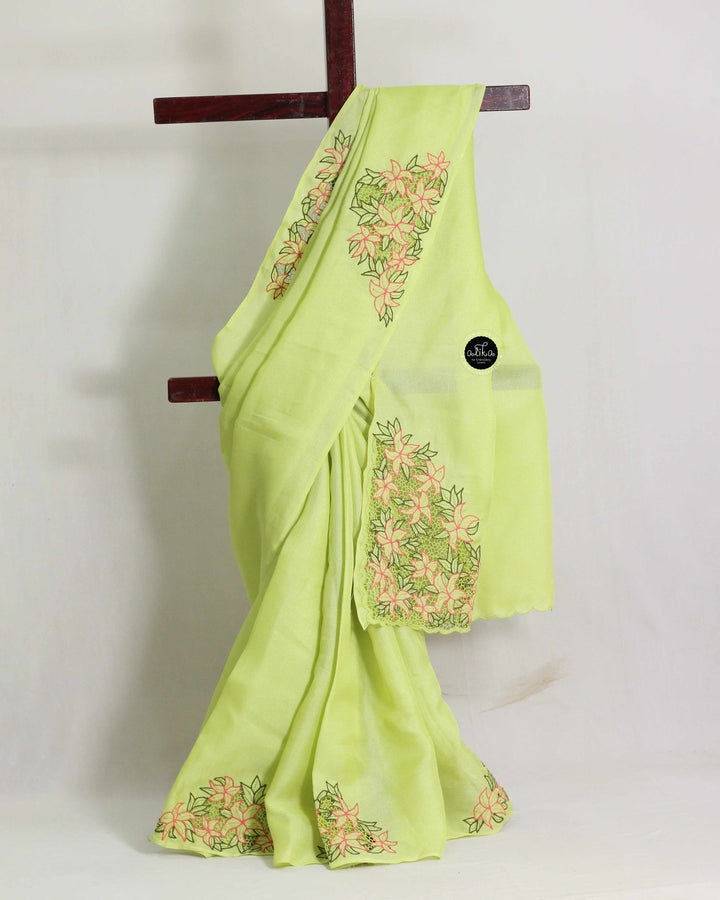 Lime Green Jute Saree with Floral Twine Cutwork