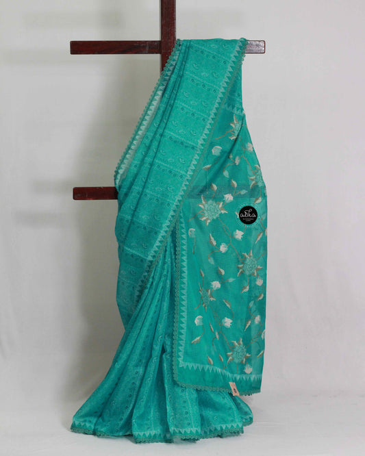 Aqua Green Printed Silky kota Saree with Floral Cross Stitch Embroidery on pallu