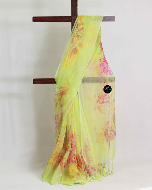 Lemon Green Organza Saree with Floral Prints – Lightweight Elegant Drape