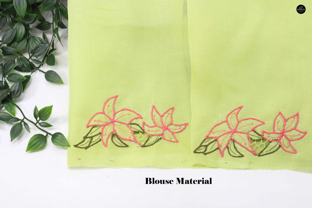 Lime Green Jute Saree with Floral Twine Cutwork