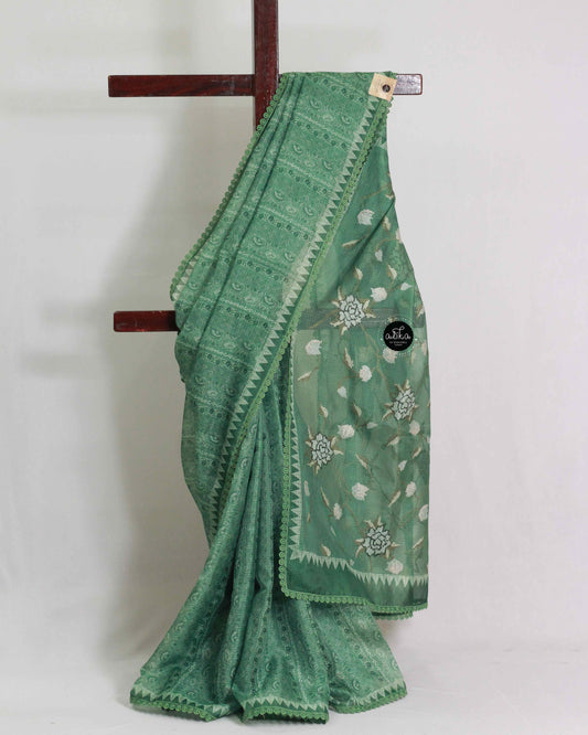 Green Printed Silky kota Saree with Floral Cross Stitch Embroidery on pallu