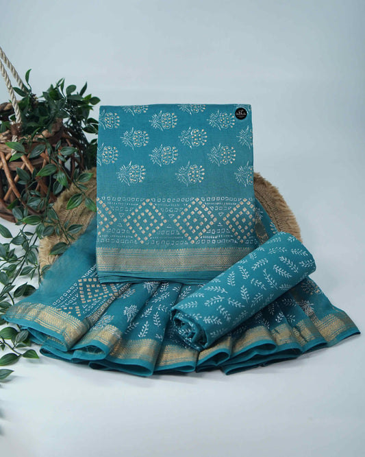 Blue Mangalgiri Silk Unstitched Salwar Set with Floral Print