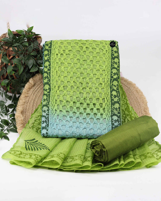 Green Double-Shaded Printed Unstitched Salwar Set with Centre Crochet Work