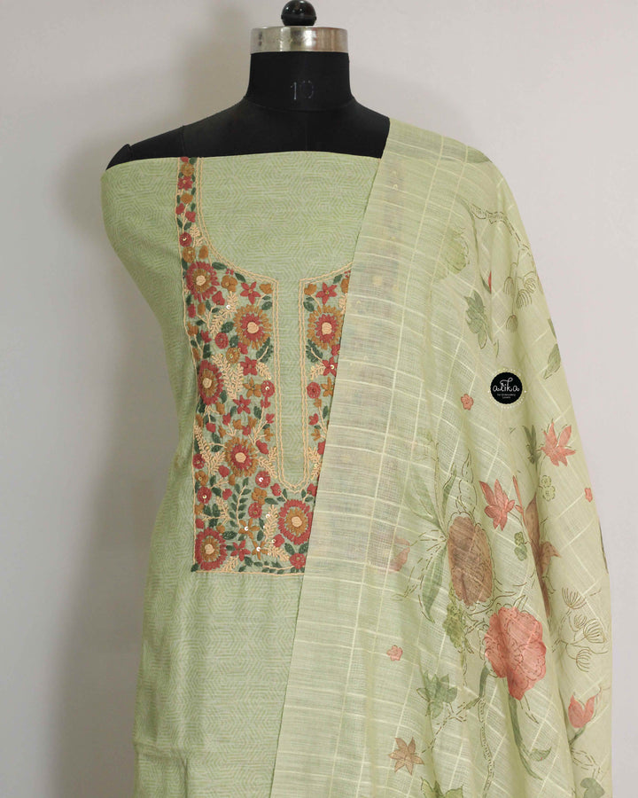 Pista Green Chanderi Unstitched Salwar Set with Floral Hand Embroidery