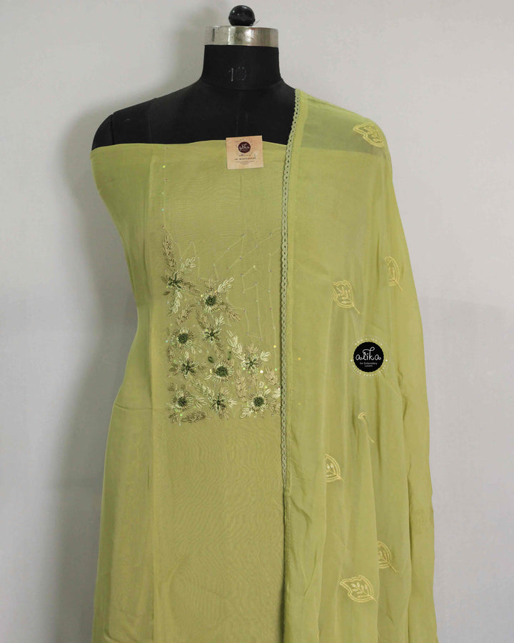 Pista Green Organza Salwar Set with Floral Embroidery and Sequin Work –