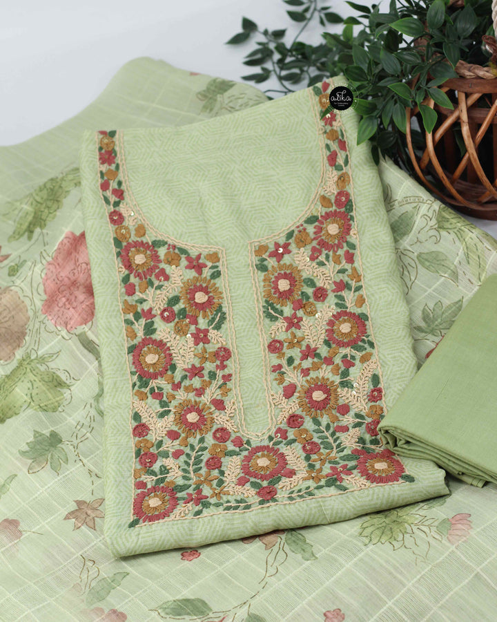 Pista Green Chanderi Unstitched Salwar Set with Floral Hand Embroidery