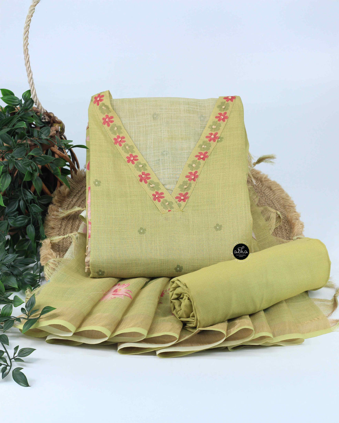 Light Green semi tissue Floral Printed unstitched Salwar Set with Mirror Work