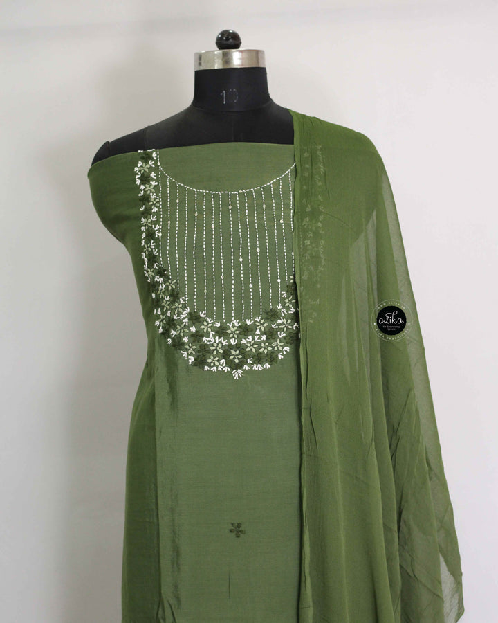 Green Semi-Silk Unstitched Salwar Set with Floral Hand Embroidery &amp; Sequins