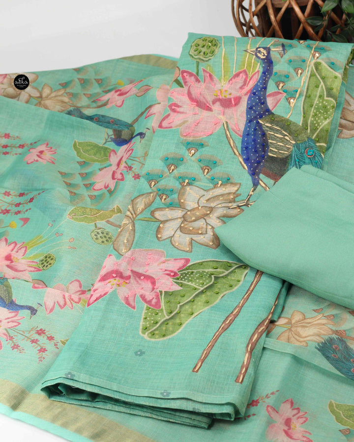 Pista Green semi tissue Unstitched Salwar Set with Floral Prints and Mirror