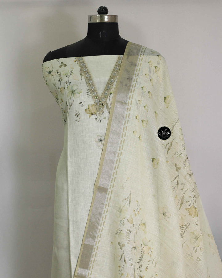 Off White &amp; Green Linen Unstitched Salwar Set with Floral Prints &amp;