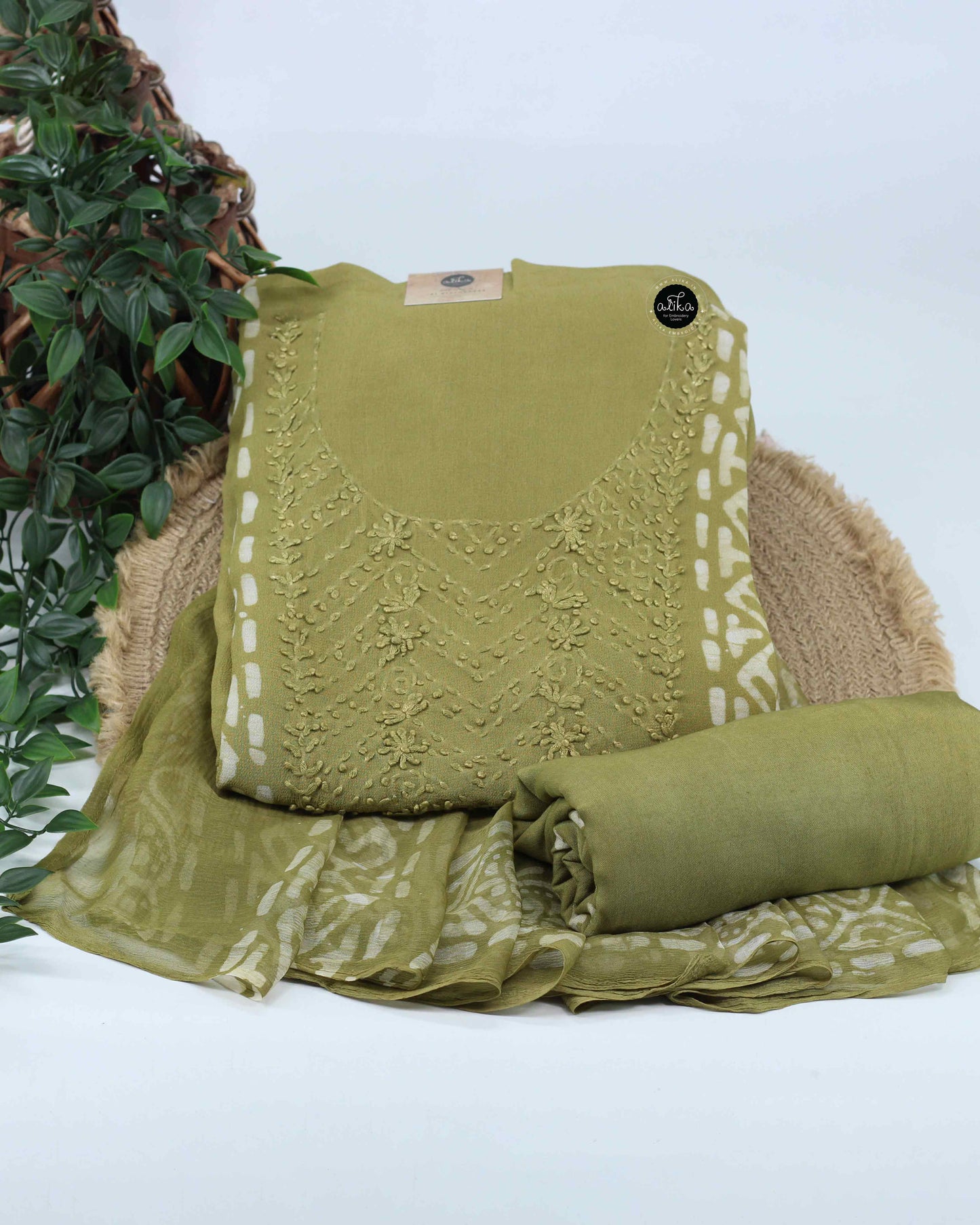 Green Printed Georgette Unstitched Salwar Set with Hand Embroidery