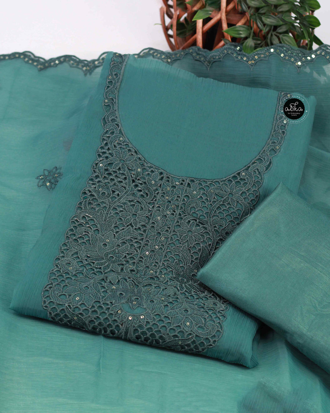 Teal Green Crushed Silk Unstitched Salwar Set with Twine Cutwork &amp;Sequin Work
