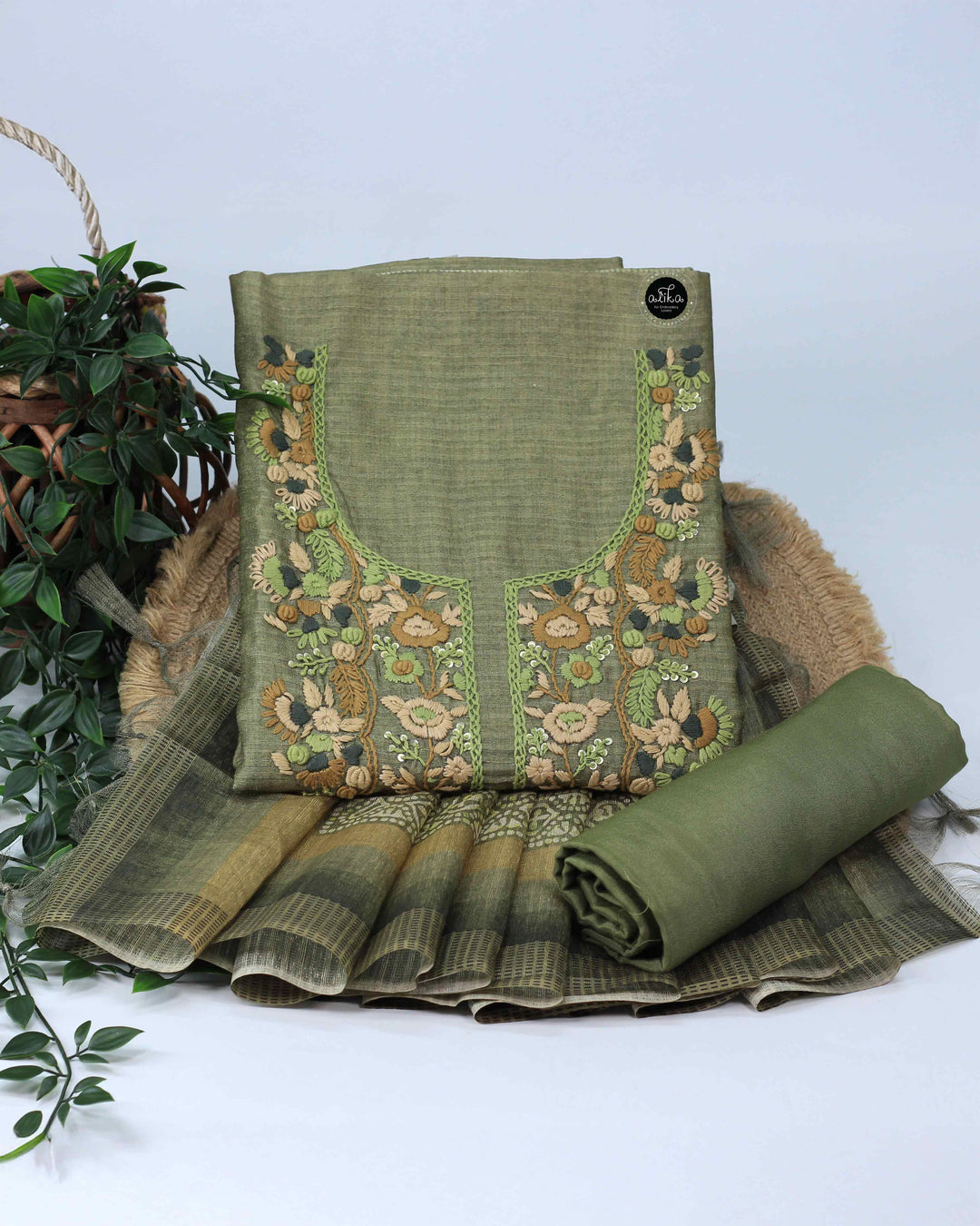 Green Semi Silk Unstitched Salwar Set with Floral Hand Embroidery