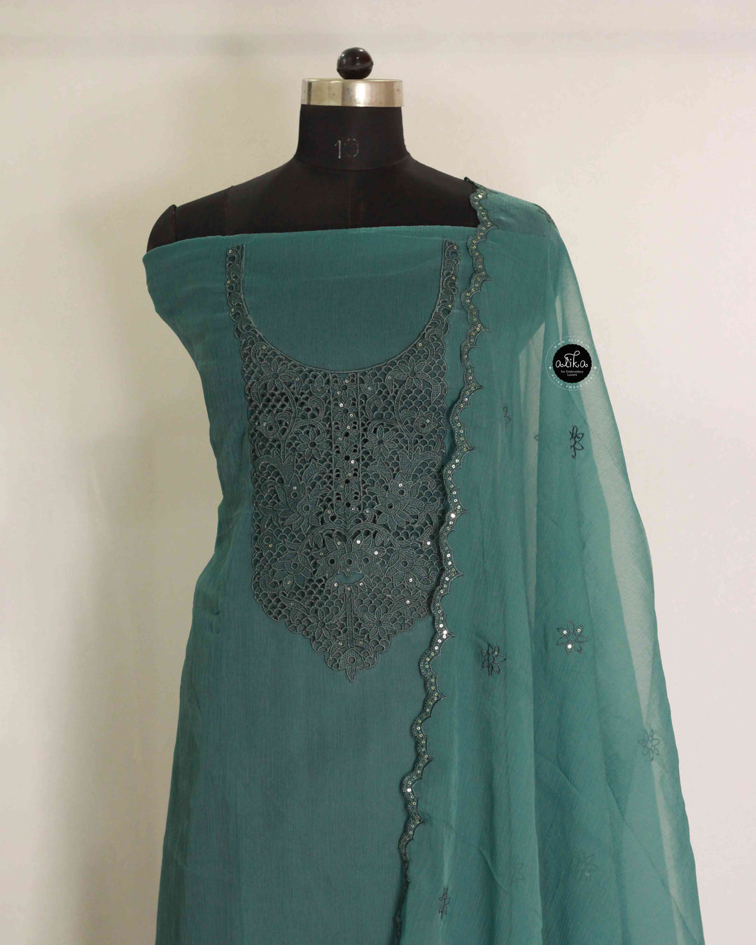 Teal Green Crushed Silk Unstitched Salwar Set with Twine Cutwork &amp;Sequin Work