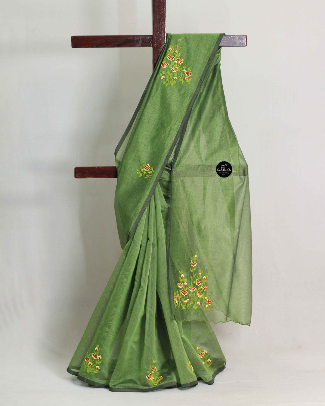 Green Kota Saree with Floral Machine Embroidery