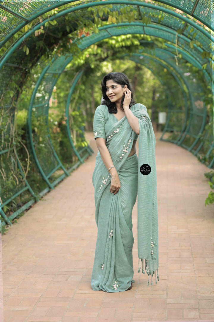 Turquoise Green Pure Linen Saree with Silver Linen Stripes &amp; Floral Hand Embroidery