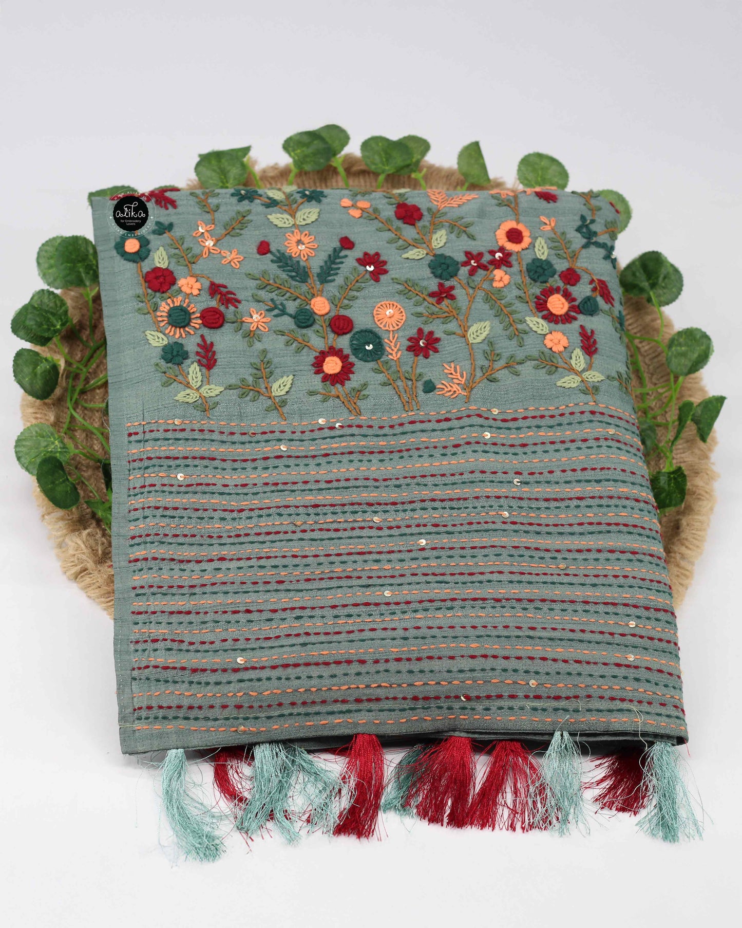 Ocean Green Semi Silk Saree with Floral Hand Embroidery & Sequin Work