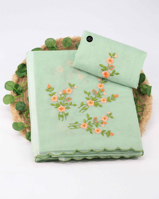Mint Green Kora Saree with Floral Machine Embroidery – Elegant Party Wear