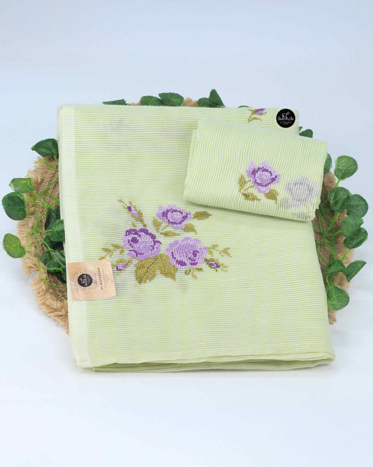 Light Green Kota Saree with Floral Cross Stitch Embroidery