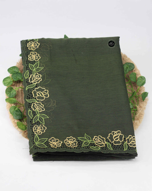 Dark Green Kota Saree with Floral Cutwork Border – Festive Elegance