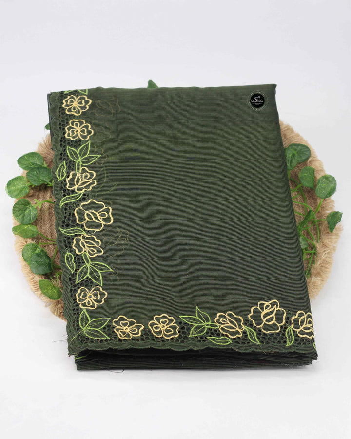 Dark Green Kota Saree with Floral Cutwork Border