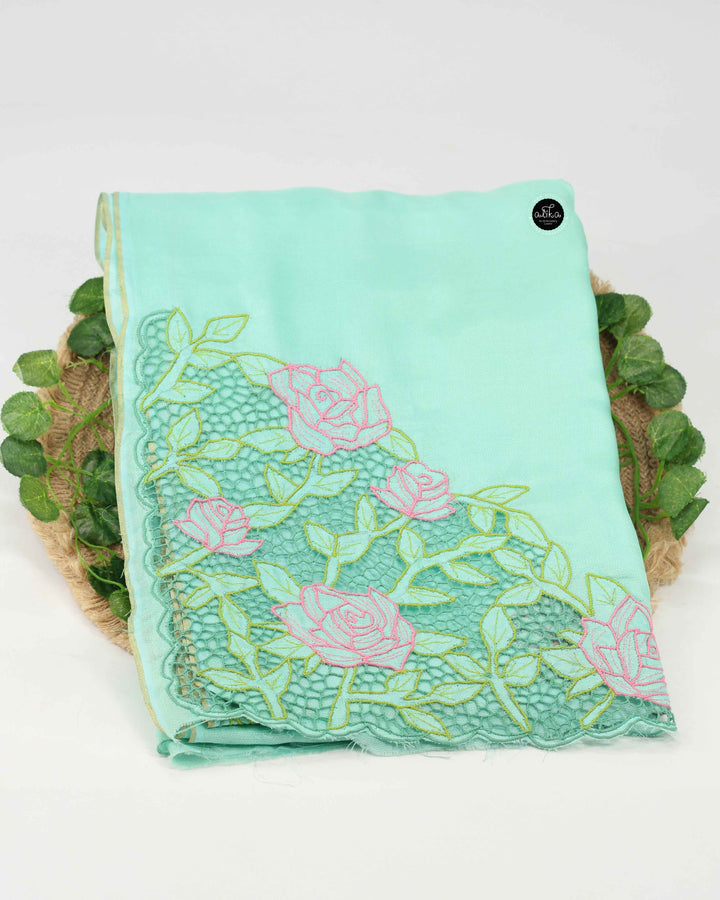 Aqua Green Crispy Georgette Saree with Floral Twine Cutwork