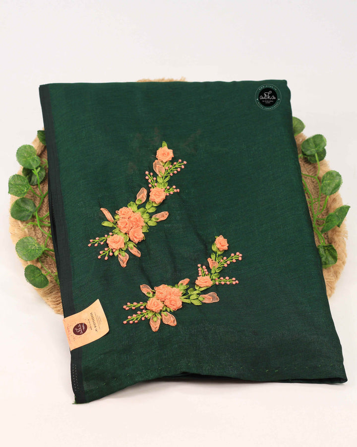 Dark Green Semi Silk Saree with Floral Ribbon Work