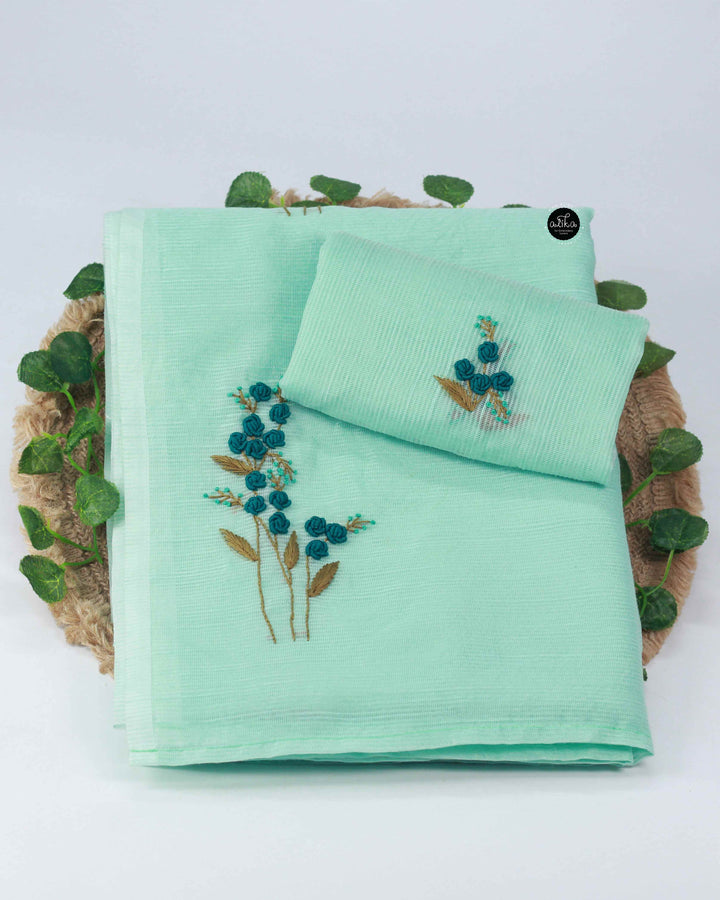 Light Aqua Green Kota Saree with Floral Hand Embroidery