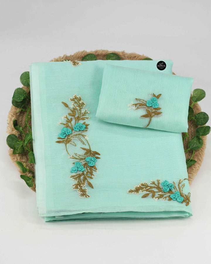 Light Aqua Green Kota Saree with Hand Embroidery