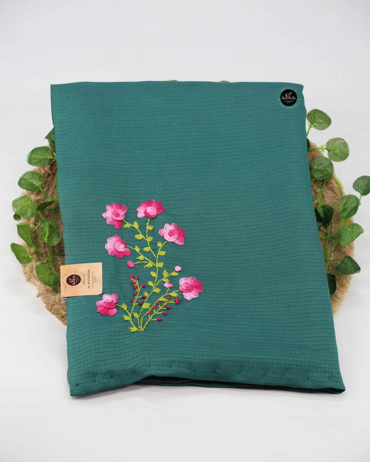 Teal Green Semi Silk Saree with Floral Hand Embroidery