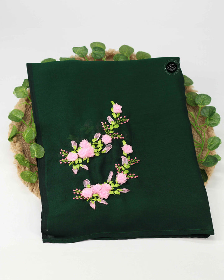 Dark Green Semi Silk Saree with Floral Ribbon Work