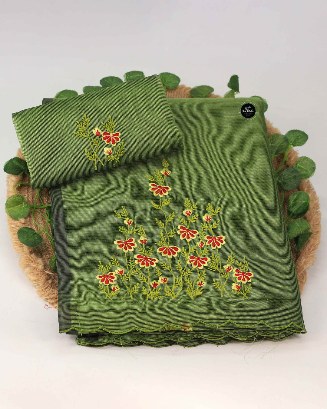 Green Kota Saree with Floral Machine Embroidery