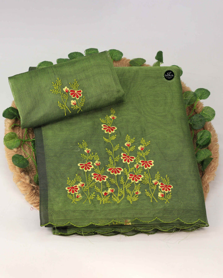 Green Kota Saree with Floral Machine Embroidery