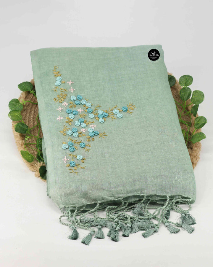 Bright Sea Green Pure Linen Saree with Floral Hand Embroidery