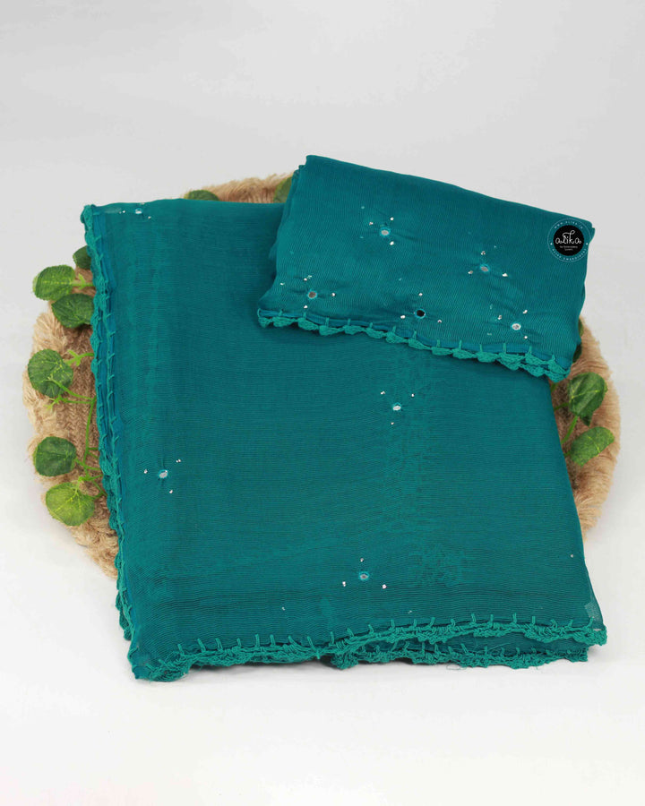 Teal Green Kota Doria Saree with Crochet Detailing and Mirror Work