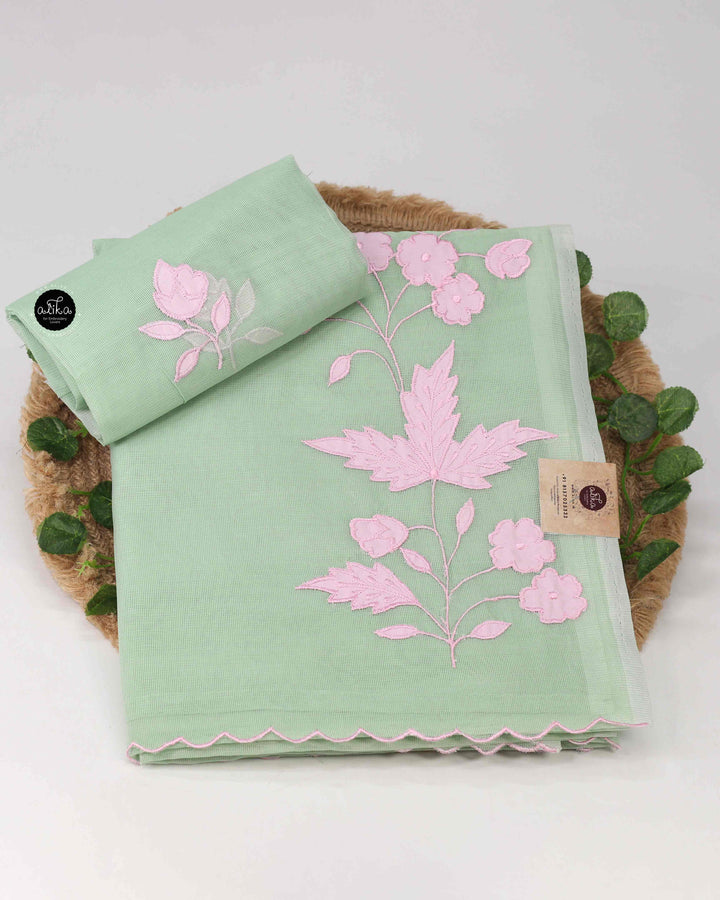 Pista Green Kota Saree with Floral Pink Applique Work
