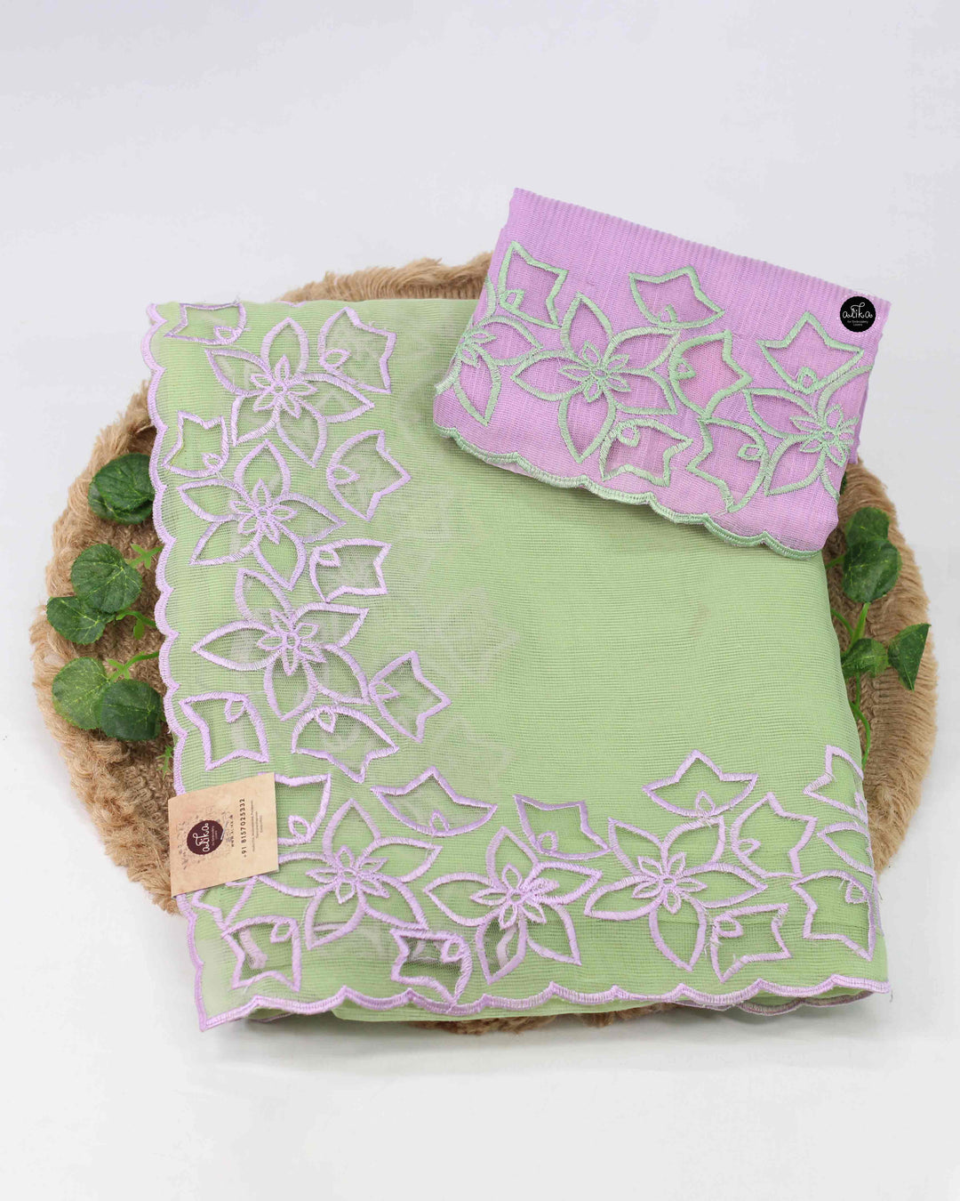 Light Green Kota Saree with Floral Appliqué Border