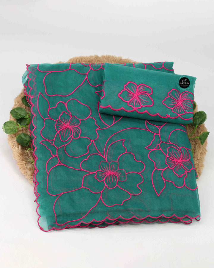 Teal Green Organza Saree with Rani Pink Floral Embroidery
