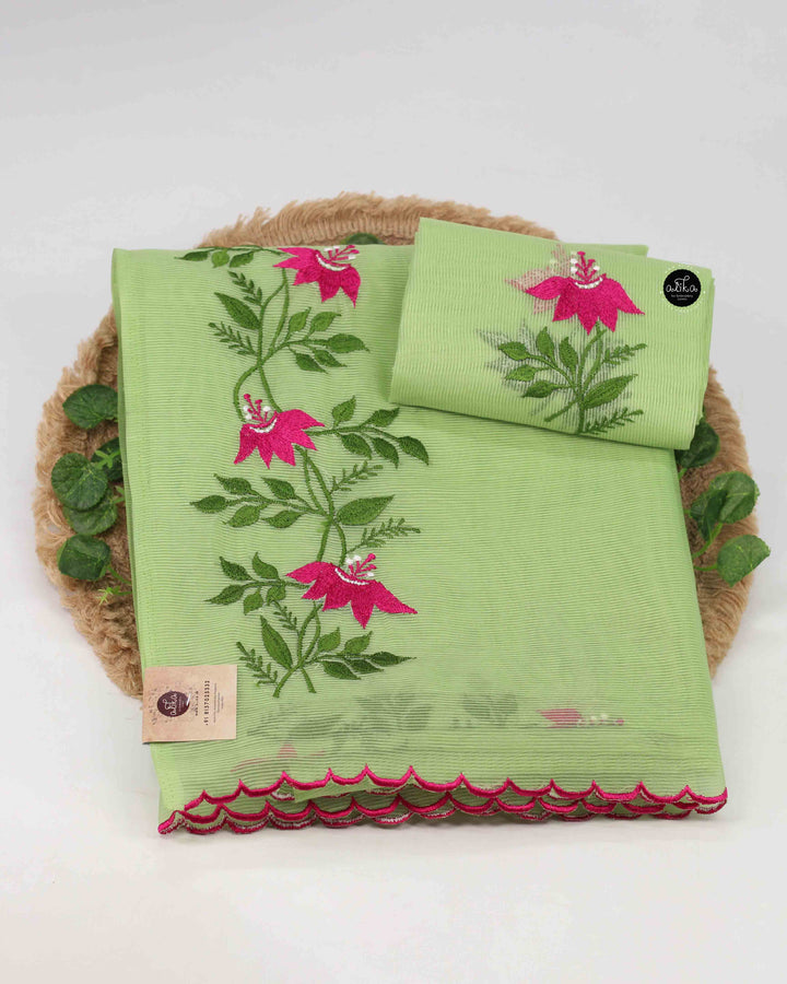 Pista Green Kota Saree with Floral Machine Embroidery
