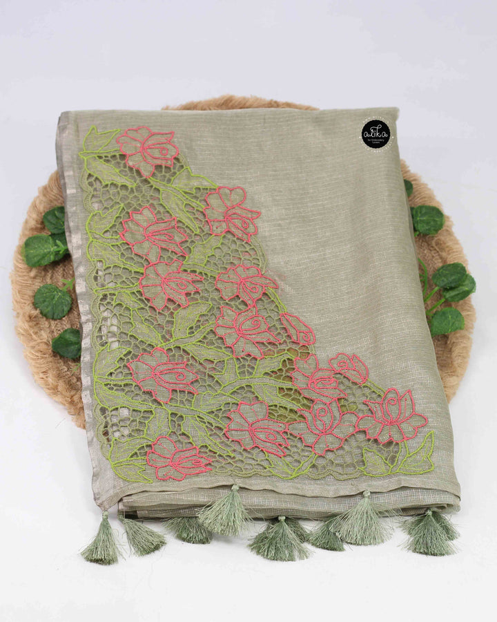 Pure Tissue Saree with Floral Twine Cutwork