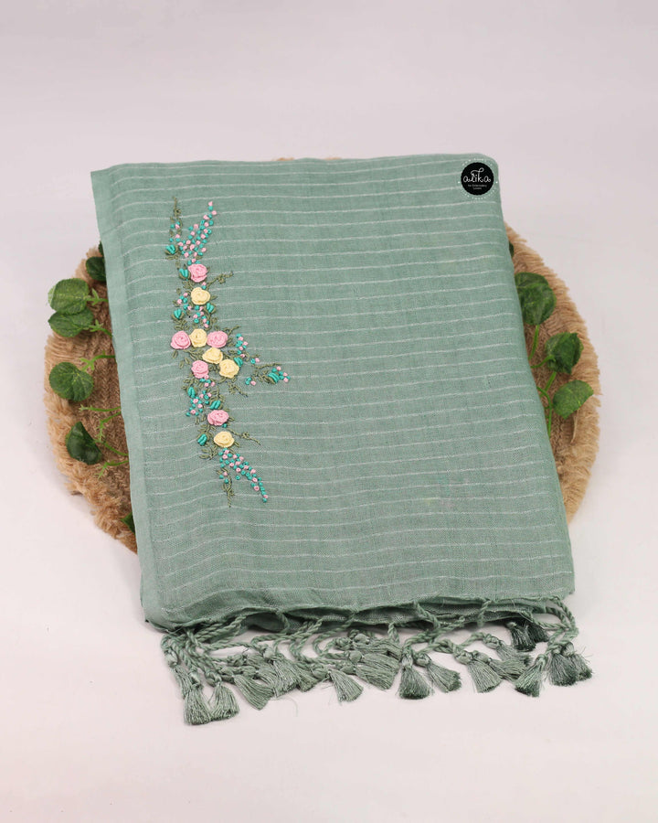 Turquoise Green Pure Linen Saree with Silver Linen Stripes &amp; Floral Hand Embroidery