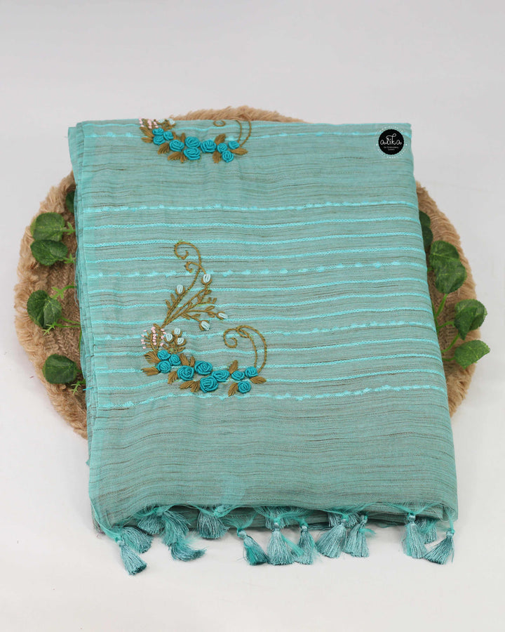 Sea Blue Semi Linen Saree with Floral Hand Embroidery