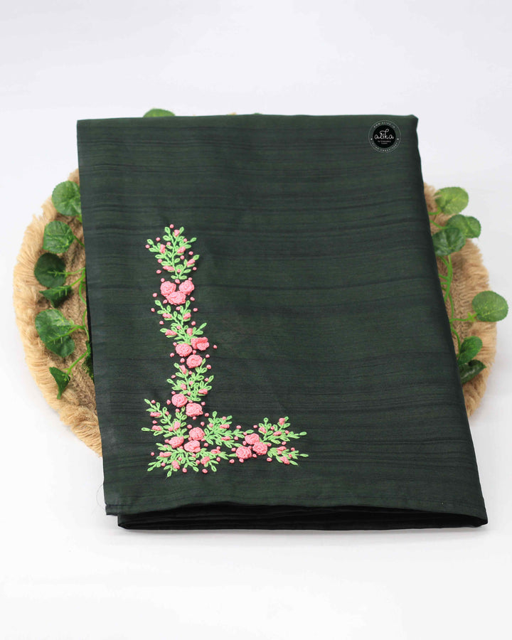 Dark Green Semi Silk Saree with Floral Hand Embroidery