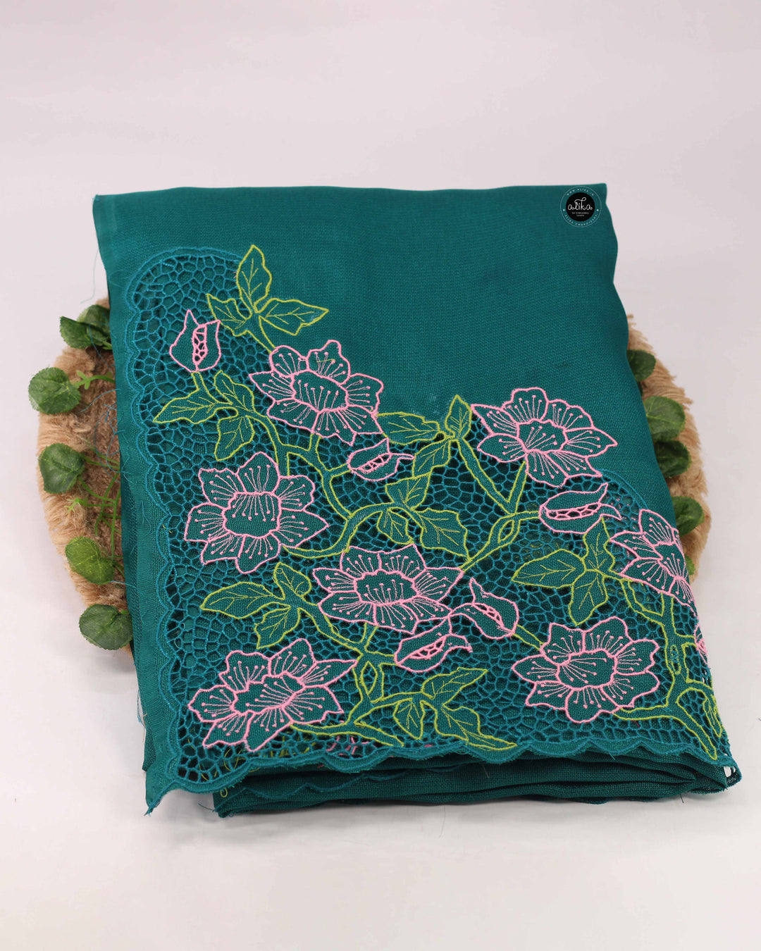 Teal Green Jute Saree with Floral Twine Cutwork