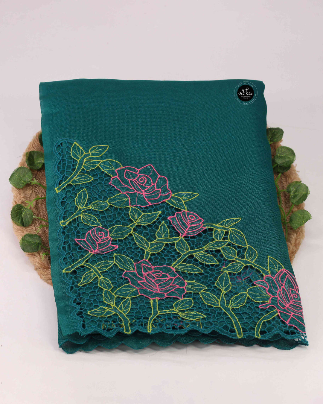 Teal Green Jute Saree with Floral Twine Cutwork