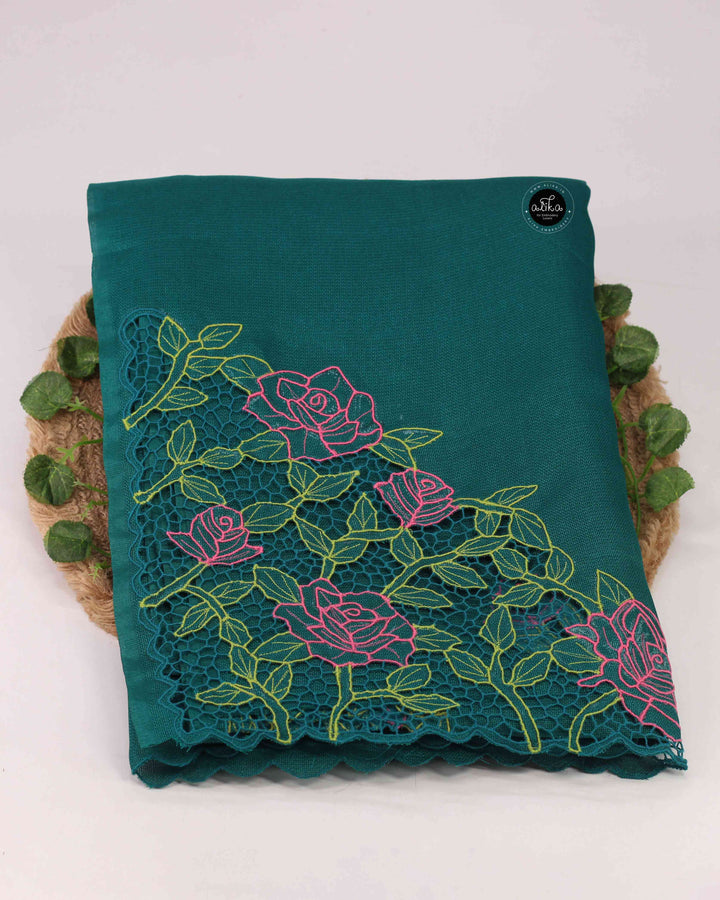 Teal Green Jute Saree with Floral Twine Cutwork