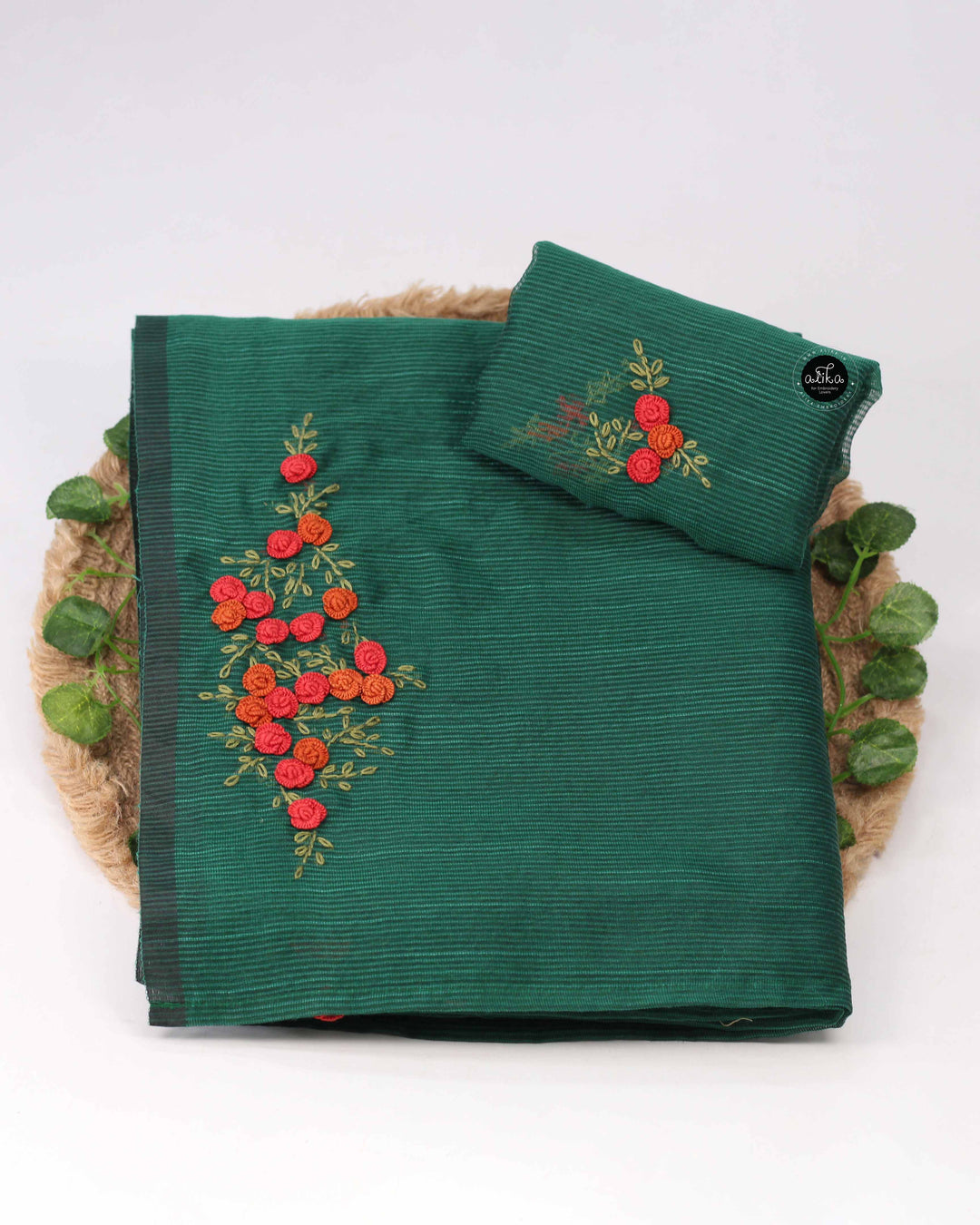 Dark Green Kota Saree with Floral Hand Embroidery
